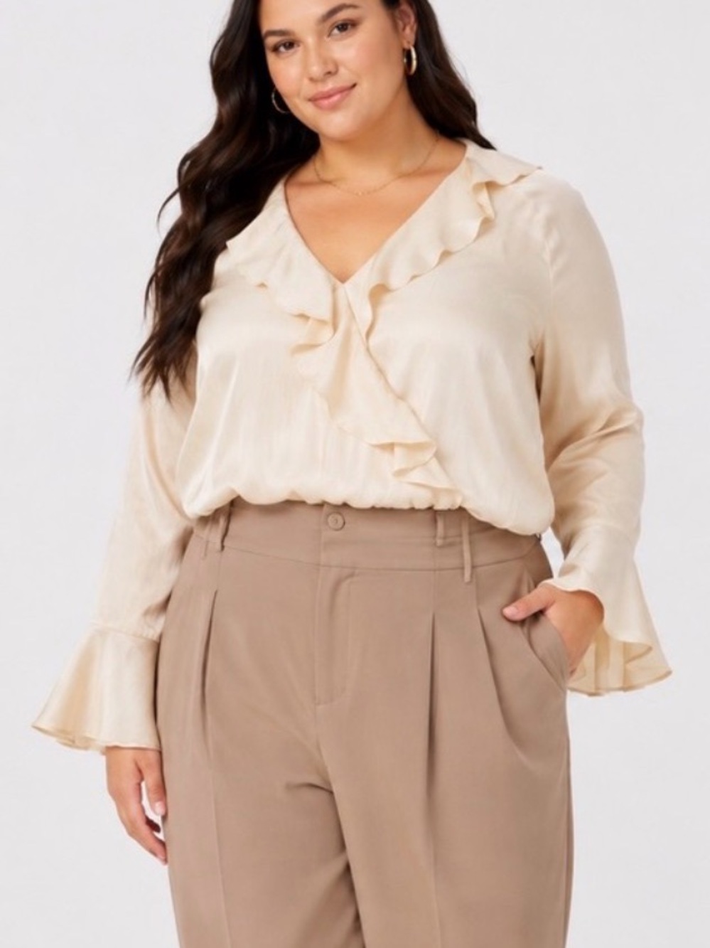 a new day Cream Ruffle V-Neck Satin Blouse